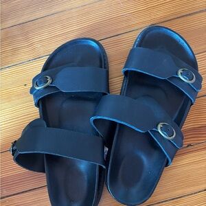 European Black Double-Strap Slide Sandals with Buckle - Women